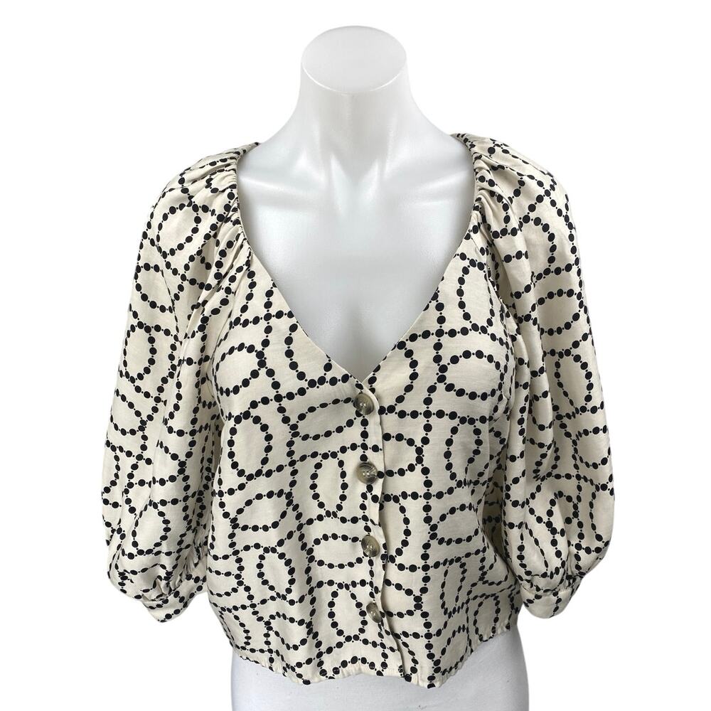 H&M Cream White Silky Satin Puff Sleeve V-Neck Button Up Blouse Shirt Top Sz XXS